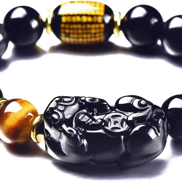 Black Obsidian Bracelet,Feng Shui Black Obsidian Wealth Bracelet for Women Men S